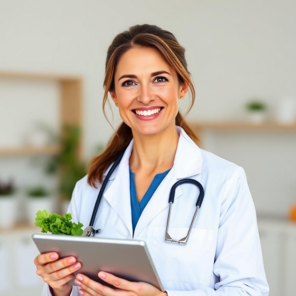 Nutricionista profesional con bata blanca sosteniendo una tableta