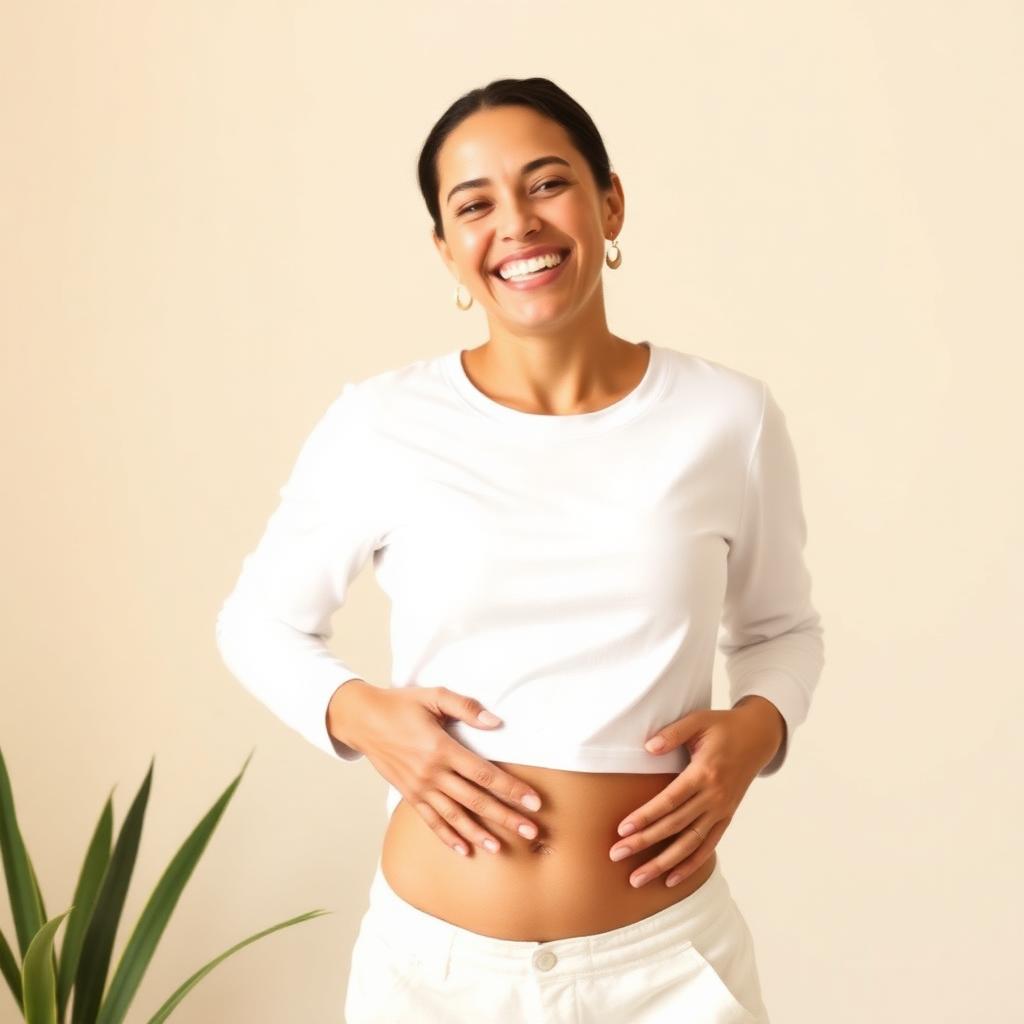 Mujer sonriendo tocando su abdomen plano