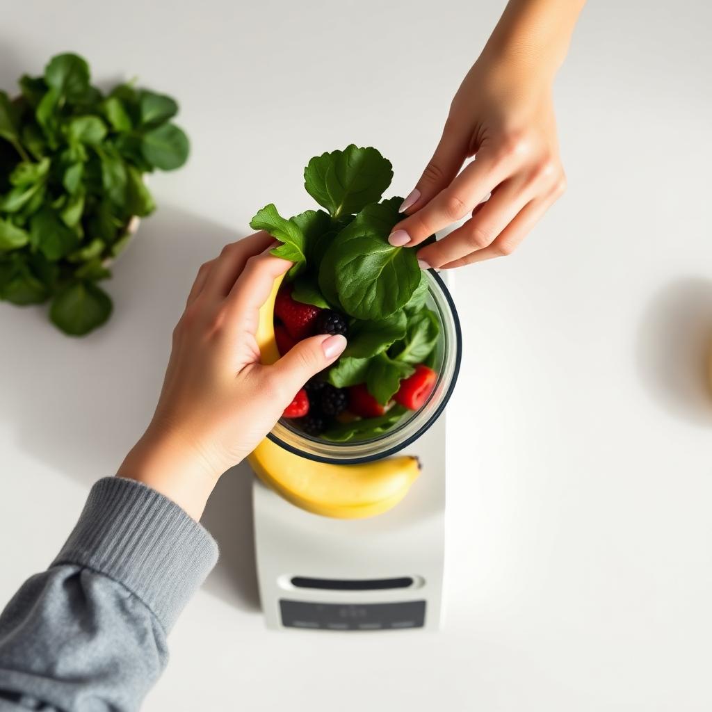 Mano agregando ingredientes a una licuadora moderna